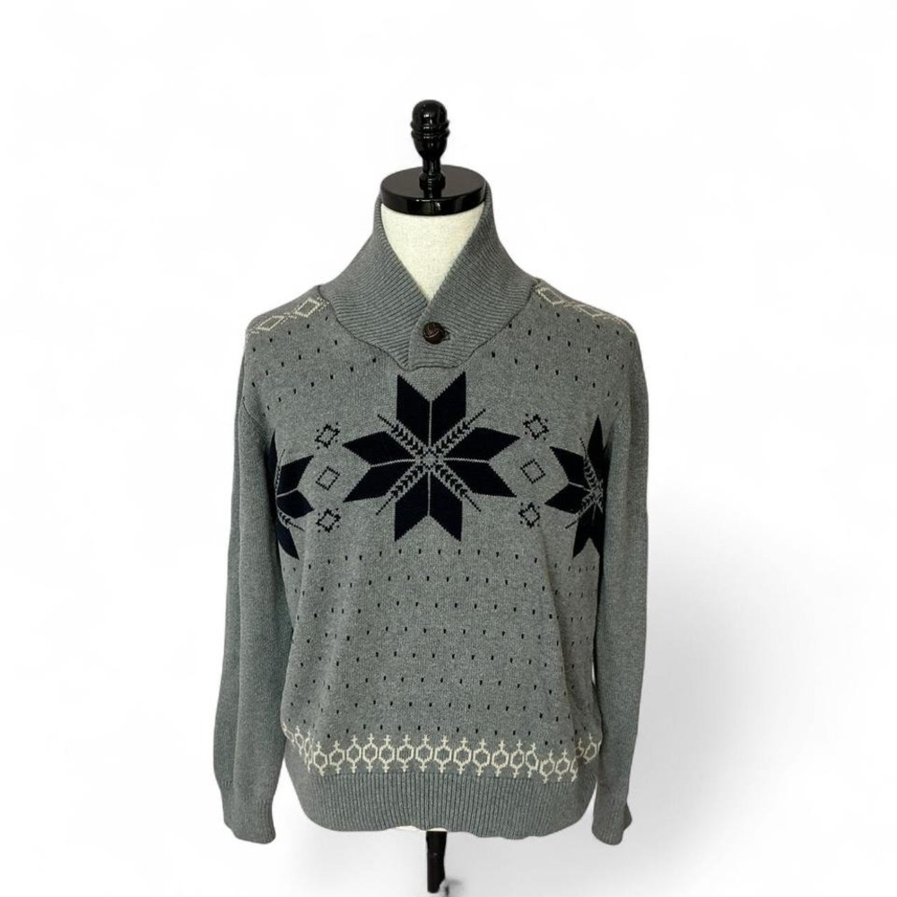 Weatherproof Vintage Sweater Mens L Gray Snowflake‎ Shawl Button Neck Pullover